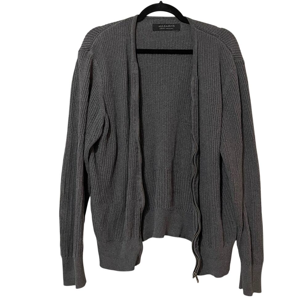 All Saints Grey Full Zip Cardigan Sweater Womens L Chunky Oversized Academia